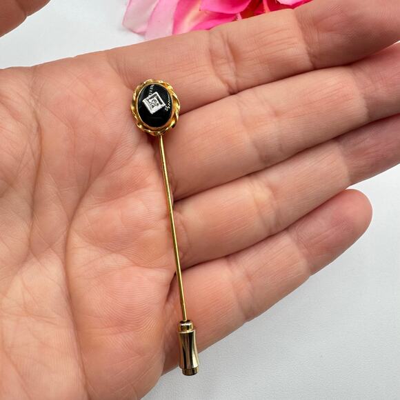 Vintage Diamond And Onyx? Stick Pin Gold Tone Goth Romantic Mourning Art Deco - Picture 6 of 10